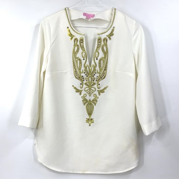 Lilly Pulitzer 0 Resort White Dallas Tunic Top Gold Embroidery Bead - Picture 2 of 12